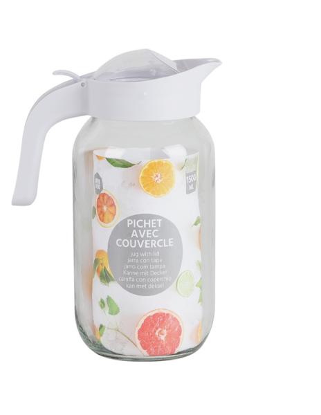 Glaskrug Pichet 1,5L mit Deckel und Ausgießsieb - weiß