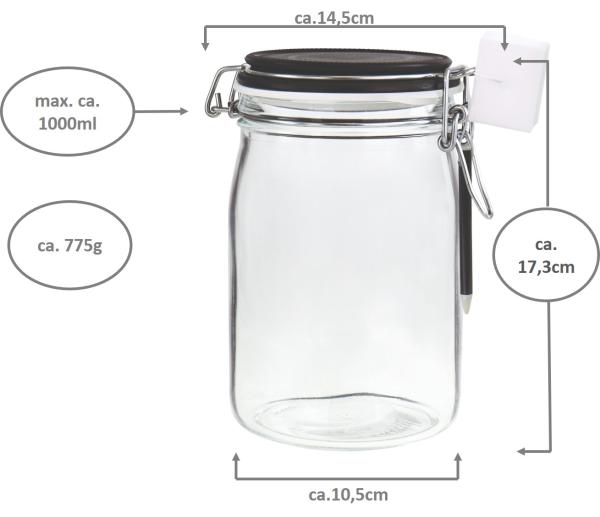 Einkochglas 1000ml mit Kreide Beschriftungsdeckel- Bügelverschluss - 6 Stück