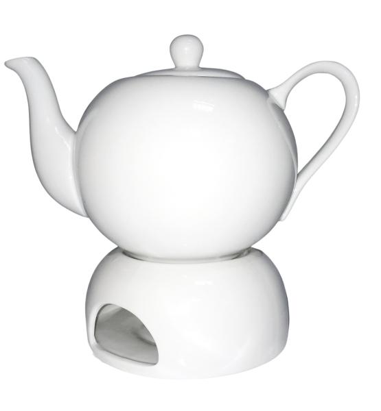 Teekanne 1L mit Stövchen Porzellan weiß
